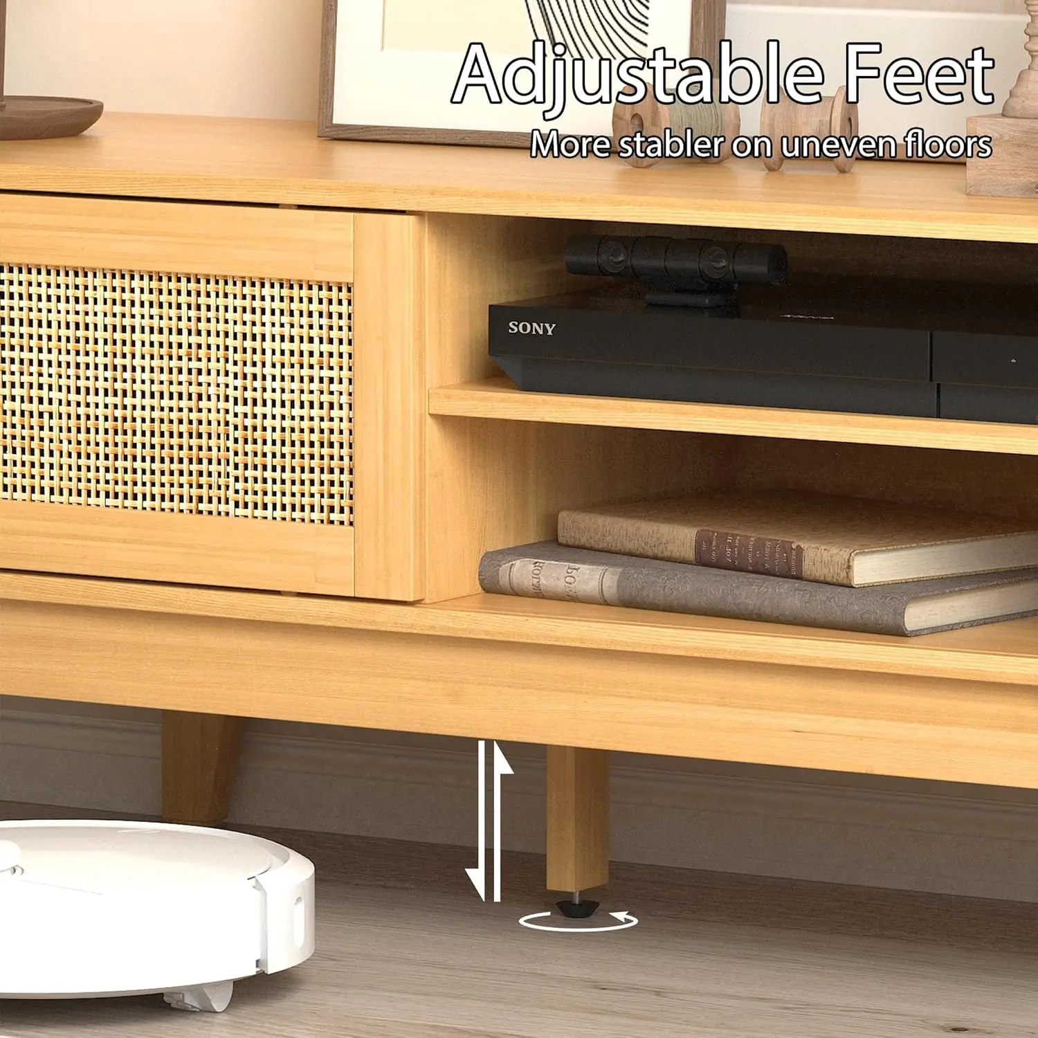 Suporte de TV Boho para TV de 55 65 polegadas, centro de entretenimento de vime com prateleiras, armários e portas deslizantes, mesa de console de mídia de TV