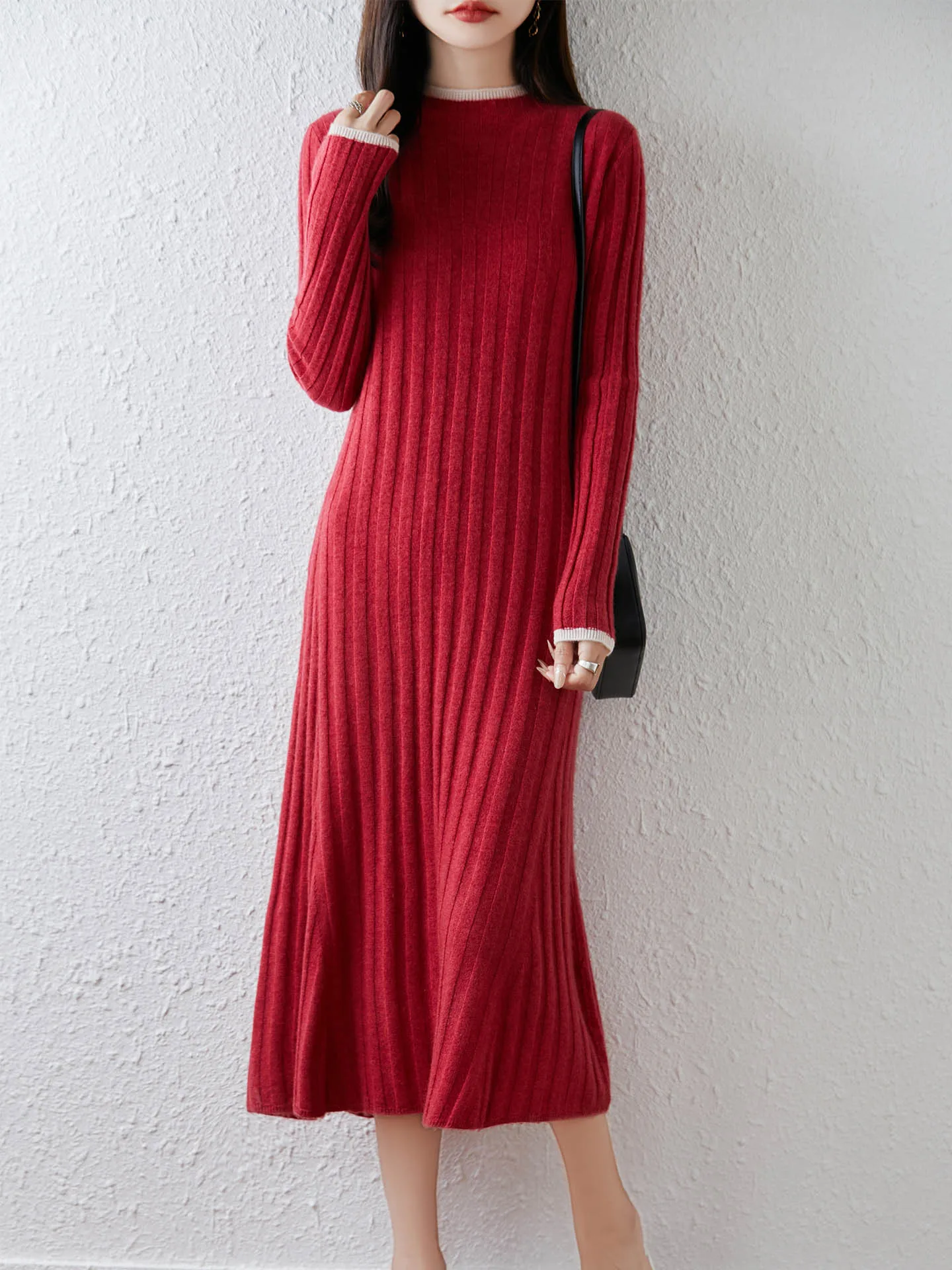 100% Merinowol Dames Lange Ronde Hals Trui Jurk Herfst Winter Casual Mode Zachte Kasjmier Gebreide Jurk