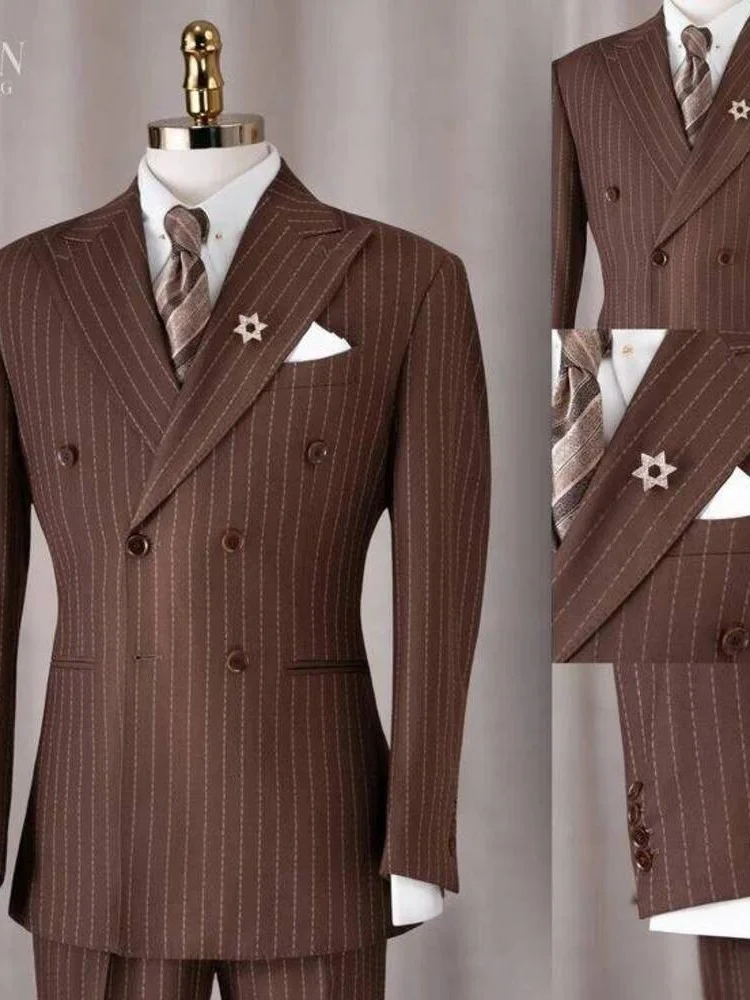 Brown Men's Suits Vertical Pinstripe 2 Piece Set Double Breasted Peak Lapel Coat  Pants Old Money Business Tuxedos Customized