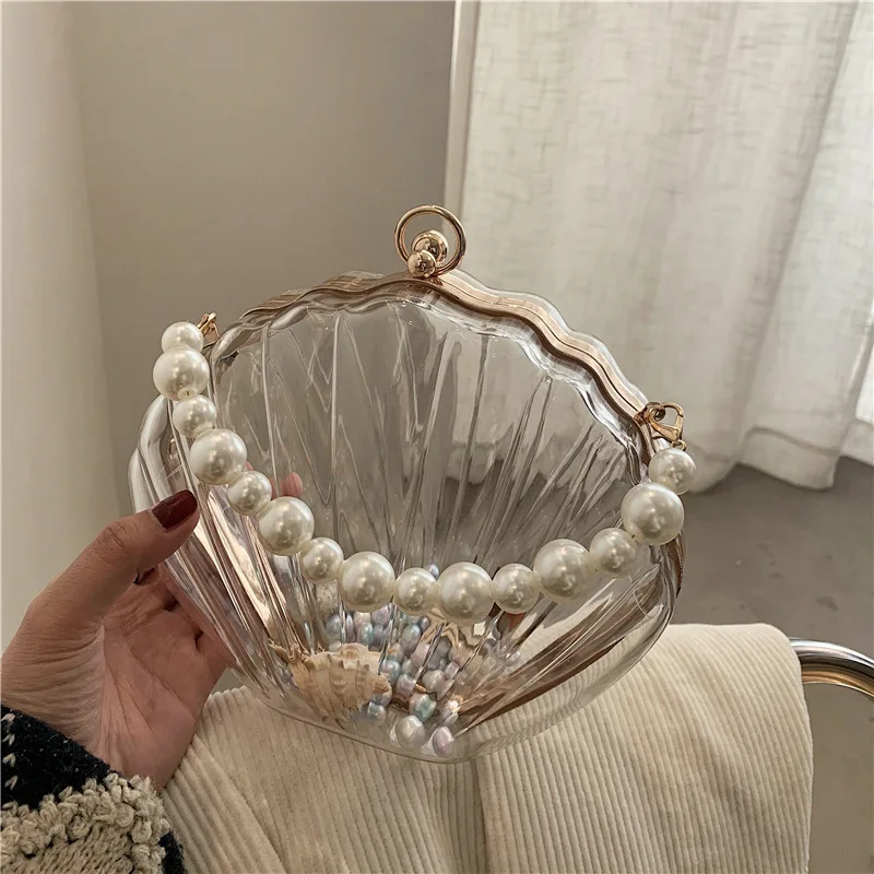 2026 Women Acrylic Shell Clutch Bag Transparent Candy Color Pearl Bead Chain Handbag Clip Frame Evening Party Crossbody Purse