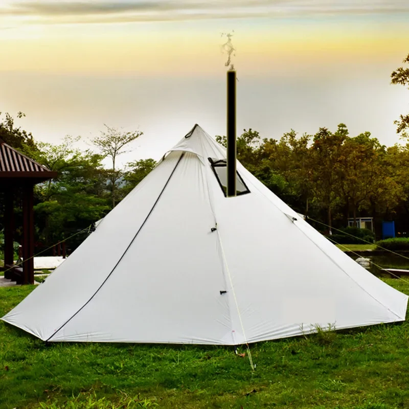 Two person white tipi tent with the stove hole