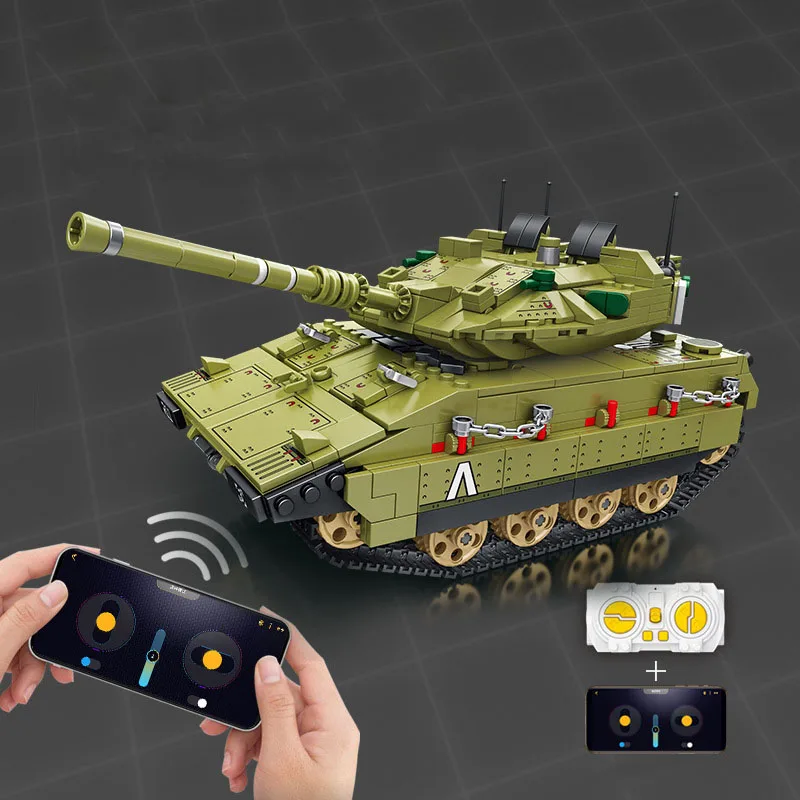 Modèle de véhicule militaire de char de combat principal Merkava d'Israël, blocs de construction, figurines de l'armée de la Seconde Guerre mondiale, briques, radiocommande 2,4 GHz, jouet télécommandé