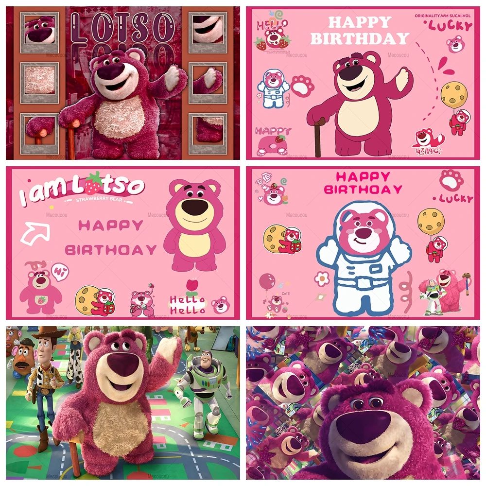 Pink Strawberry Bear Photography Backdrops Custom Baby 1st Birthday Party Decor Banner Toy Story Theme Photographic Background