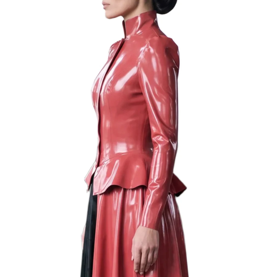 Sexy Latex Peplum Blouses With Hidden Buttons Stand Collar Long Puff Sleeves Rubber Riding Habit Shirts Top Clothing Uniform 436 - view 5