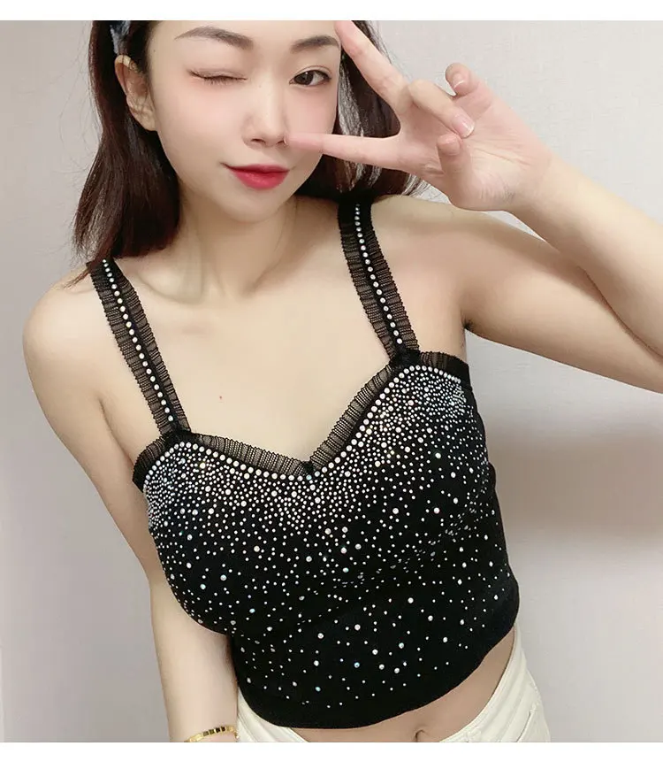 Sexy Tank Crop Tops Women Push Up Bust Sling Tops Women Removeable Padded Camisole Women Gemstones Crop Tops