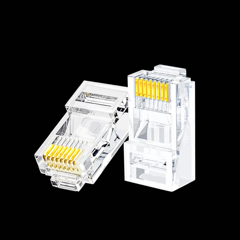 COMNEN CAT5E RJ45 وحدات موصل قابس UTP تمرير من خلال موصلات إيثرنت RJ45 نهاية كريستال مطلية بالذهب 8P8C تجعيد إيثرنت