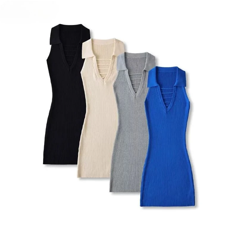 Französischer Vintage-Stil Ärmelloses Strickkleid mit Polokragen Einfarbiges Bodycon Wickel-Minikleid Outfit 2026 Neue Sommerkollektion für Damen