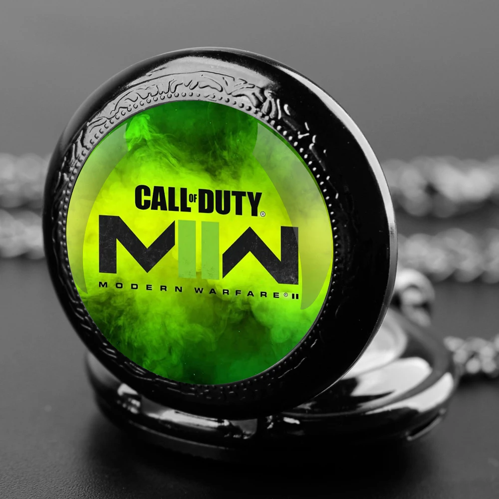 Vintage Black Call of Duty Ghosts Pocket Watch Necklace Quartz Movement with Chain Cool Gamer Accessory Gift for Men & Women
