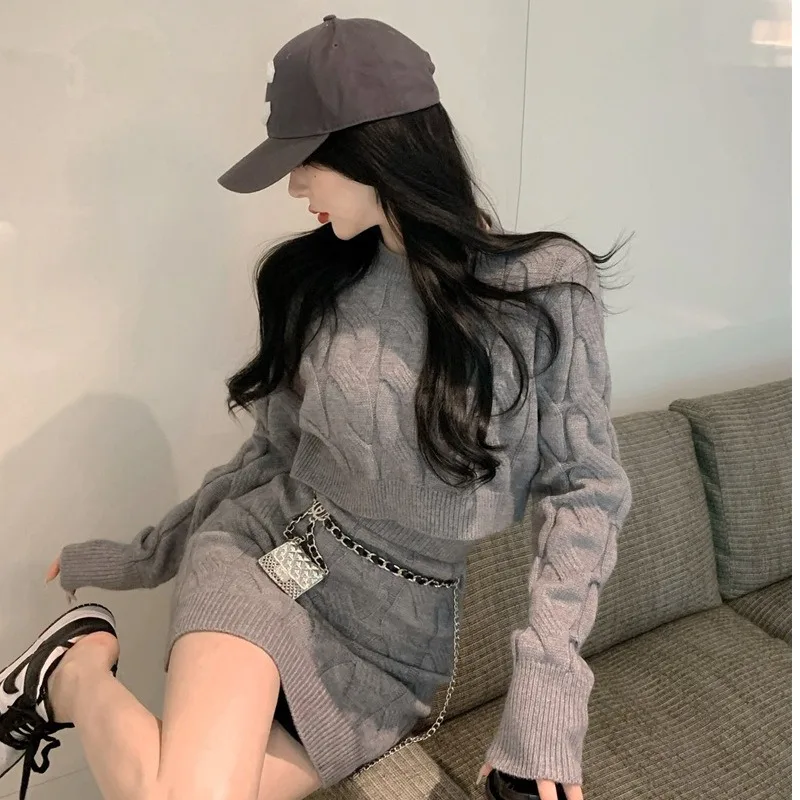 Women's Spring Autumn Sets Knitted Sweater Hip Skirt Long Sleeve Short Skirt High Waist Design Retro Niche Simple Advanced Soft