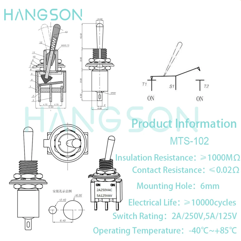 5PCS MTS-102 103 Toggle Switch SPDT 2 3 Position 3 Pin 6MM AC 5A/125V 2A/250V Car Boat Miniature Toggle Switch