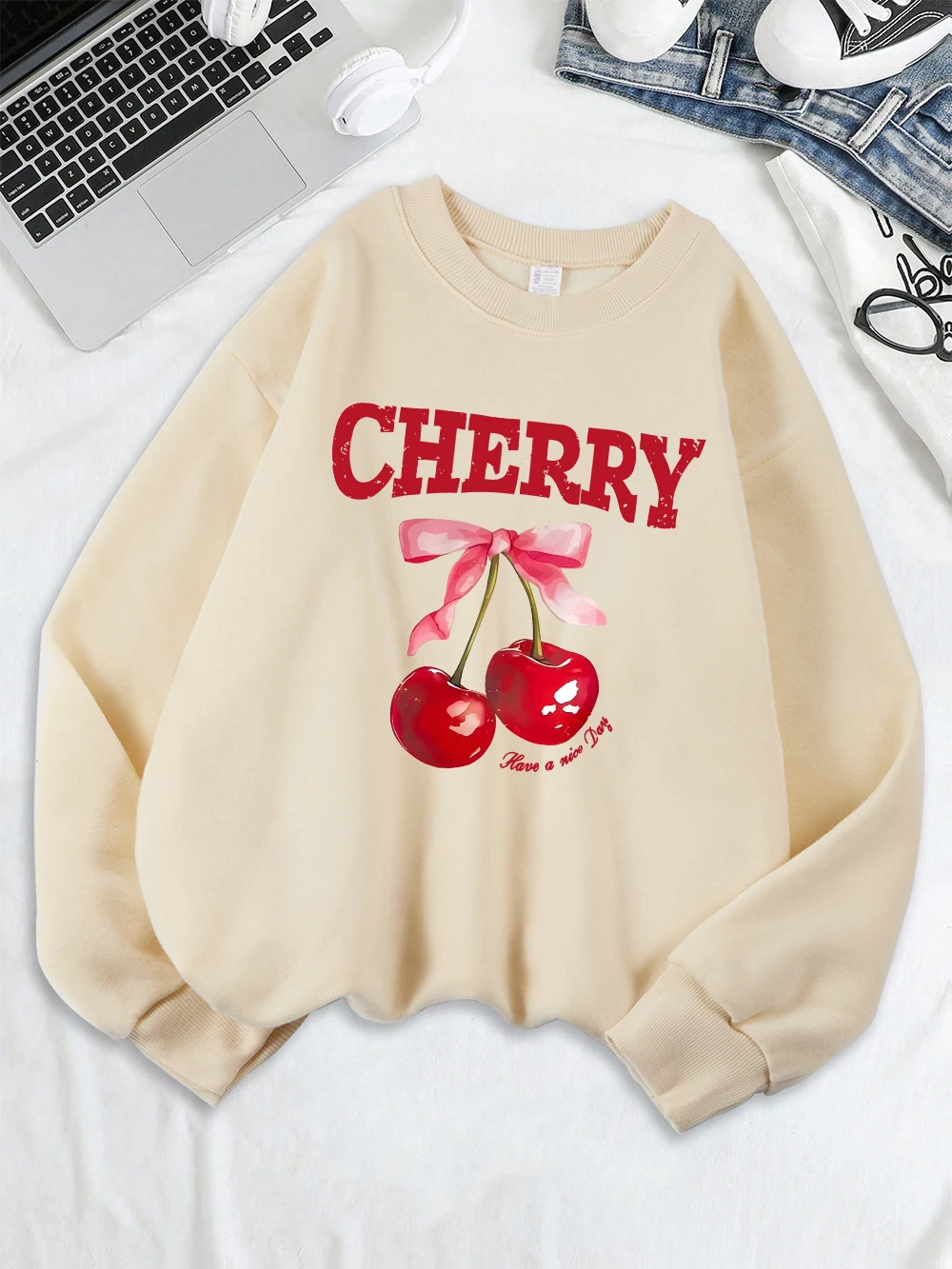 

Толстовки с принтами вишнево-розового цвета и бантом, женские теплые удобные толстовки с круглым вырезом, топы, зимняя повседневная одежда