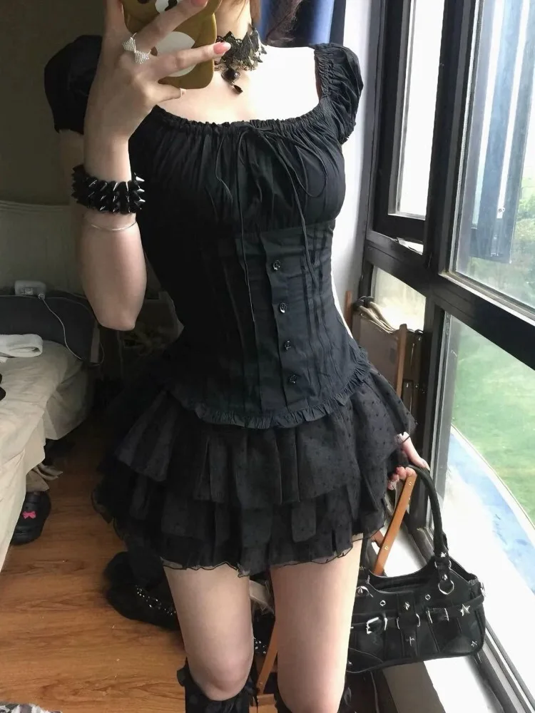 Deeptown Gothic Lolita Damenblusen Elegante Süße Sexy Blusen mit Quadratischem Kragen Vintage Französischer Stil Puffärmel Rüschenblusen