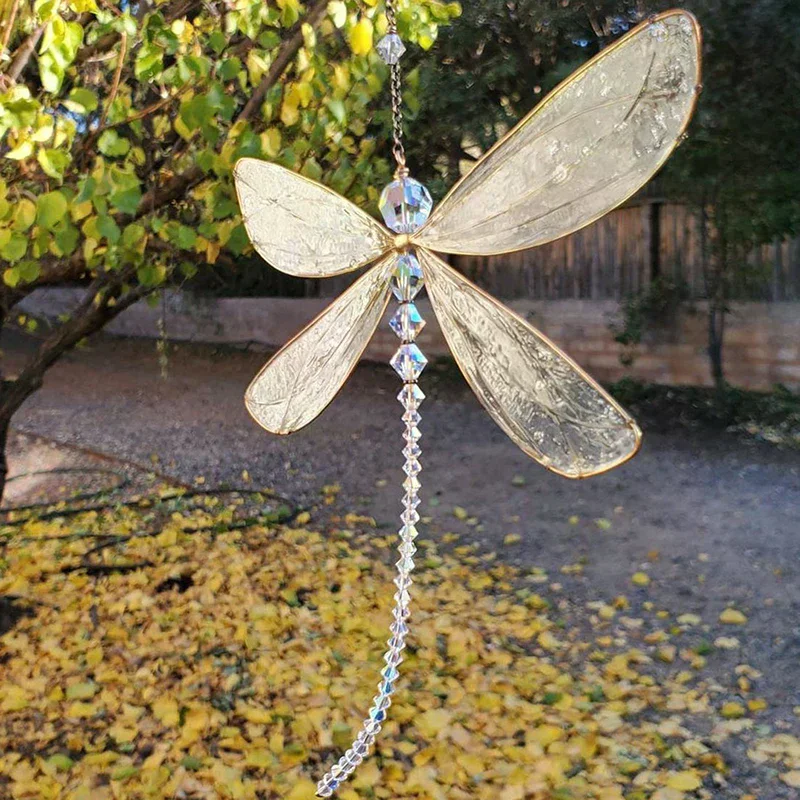 Creative Metal Wing Dragonfly Crystal Suncatcher Garden Wind Chimes Butterfly Home Decor Window Car Ornaments