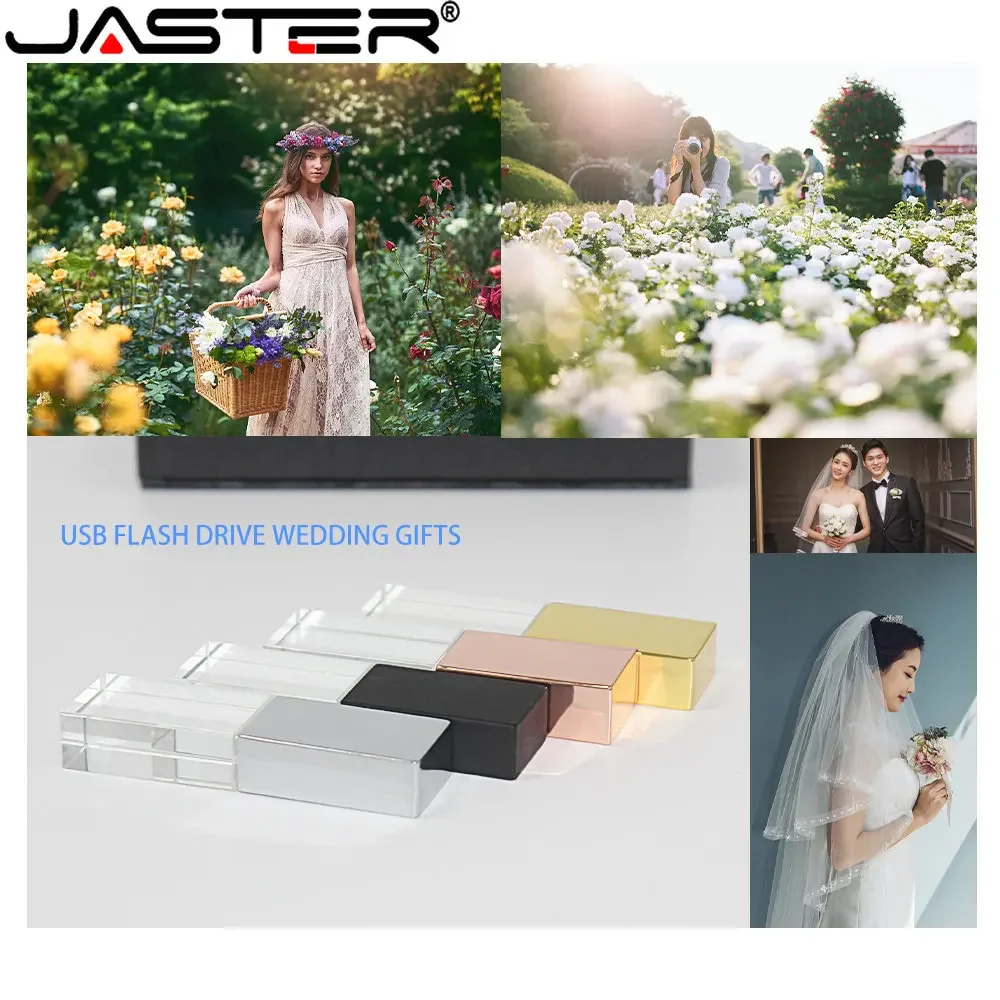 Jaster nova unidade flash usb 2.0 cristal preto ouro com caixa de presente preta 64gb 32gb 16gb logotipo personalizado gratuito presente de fotografia de casamento