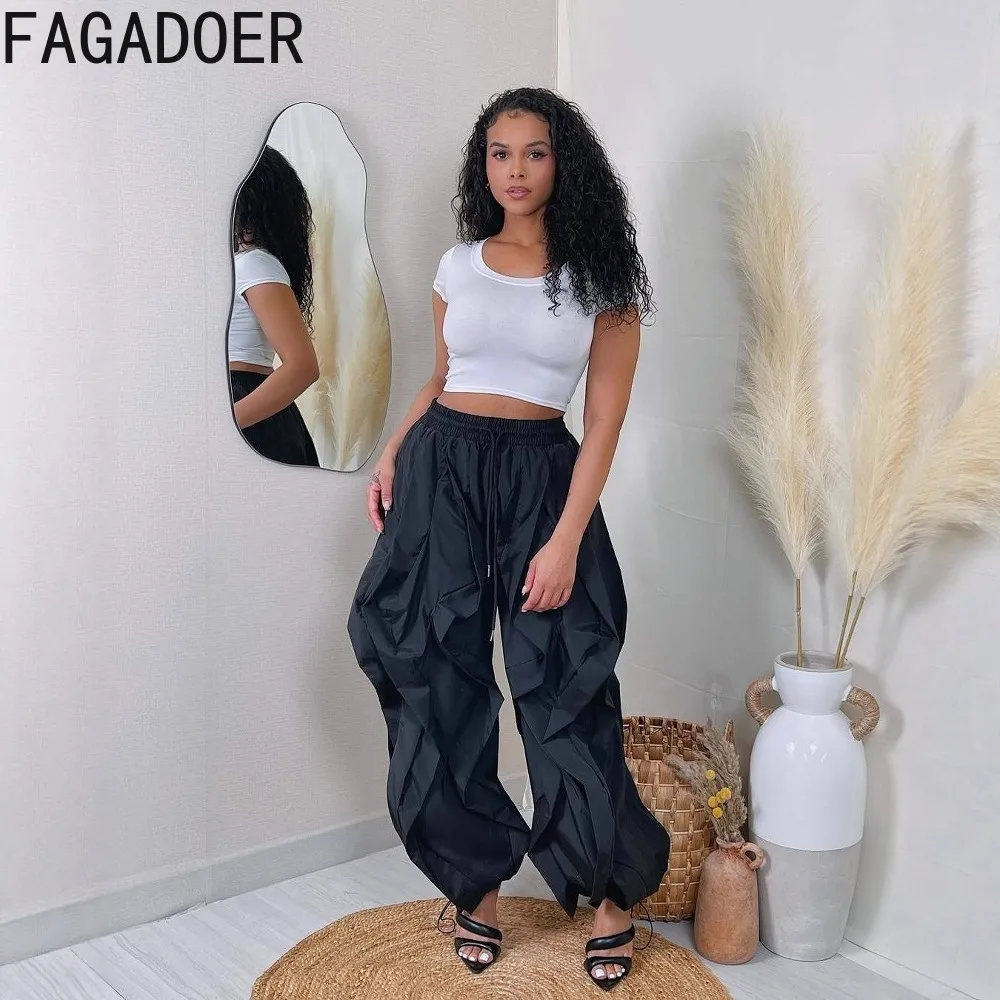 FAGADOER Casual Ruched Patchwork Lantern Sleeve Pants Women High Waist Drawstring Patchwork Pants Female Streetwear Trousers New