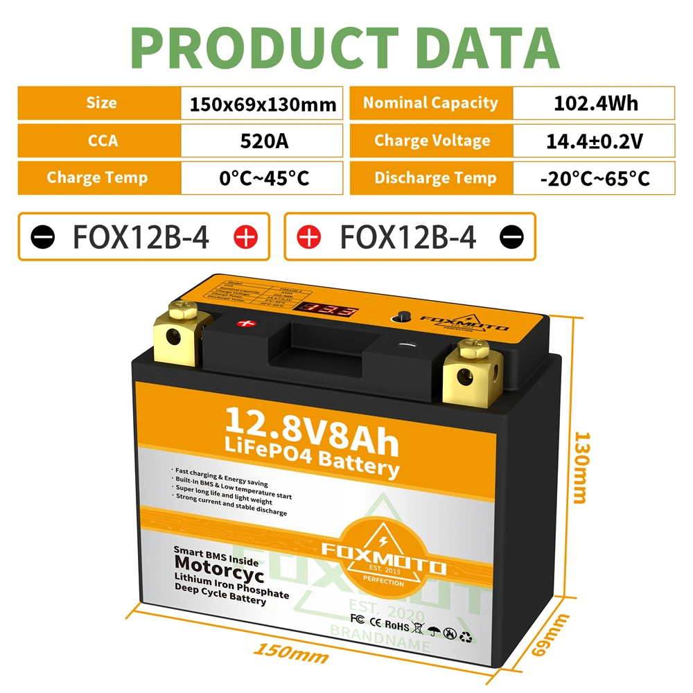 

FOX12B-4 12.8V 102.4Wh CCA 520A BMS Motorcycle Start Battery 12.8V Lithium iron Phosphate Scooter LiFePO4 Batteries YTX12B-4