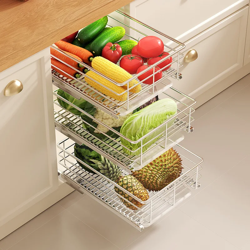 Cabinet pull-out basket drawer type fruit and vegetable vegetable vegetable basket stainless steel storage snack seasoning