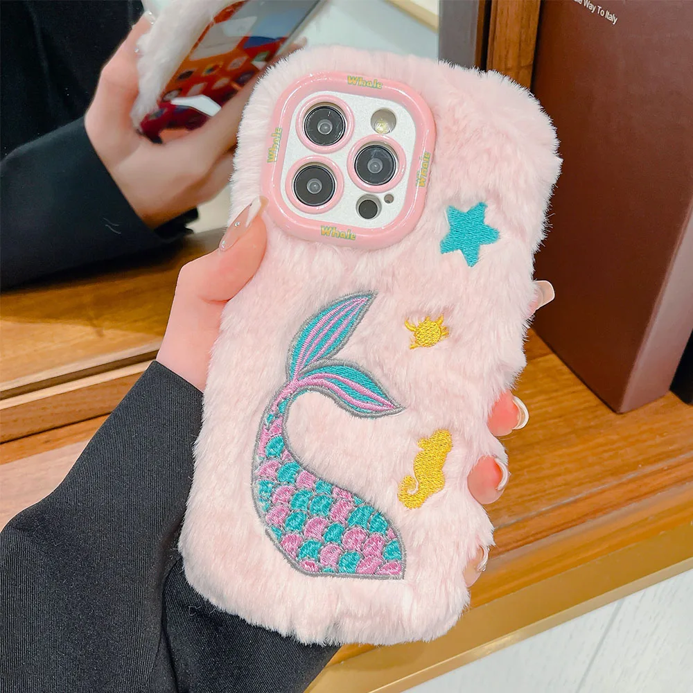 Plush Embroidered Fish Stand Phone Case Suitable for IPhone 11 12 13 14 15 Pro Max Fine Hole Lens Protection Shockproof Cover