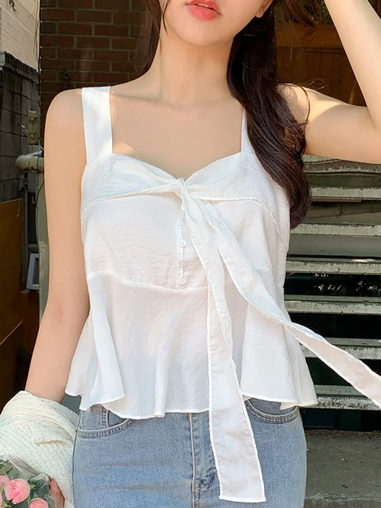 

Chic Summer New Sweet Lace Belted Strap Top Women Design Sensation Korean Sle Trendy Ladies Sweater Faionable Top