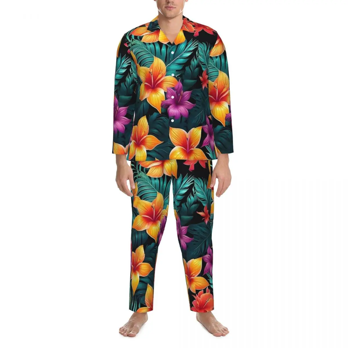 열대 꽃 프린트 잠옷 세트, 가을 패션 수면 잠옷, 캐주얼 투피스, 오버사이즈 디자인 잠옷 선물