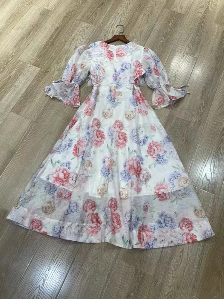 Retro printed V-neck applique lace-up cinched waist short-sleeved dress 2025 summer women's fashion loose A-line dress