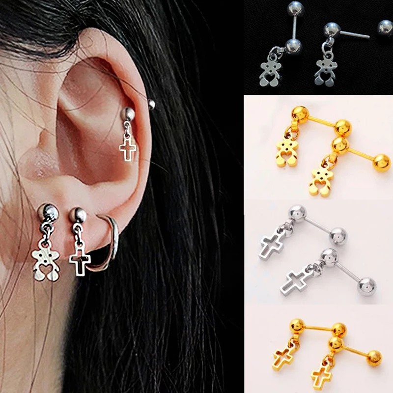 2PC Edelstahl Schraube Ohr Studs Bär Herz Knorpel Koreanische Helix Piercing Tragus Conch Mini Stud Ohrringe Ohr Pierc 16g 20g