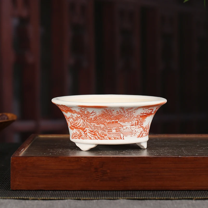 Chinese Style Yixing Purple Sand Colored Flower Pot Retro Desktop Decoration Bonsai Pot Round Ceramic Succulent Flower Pot 1PCS