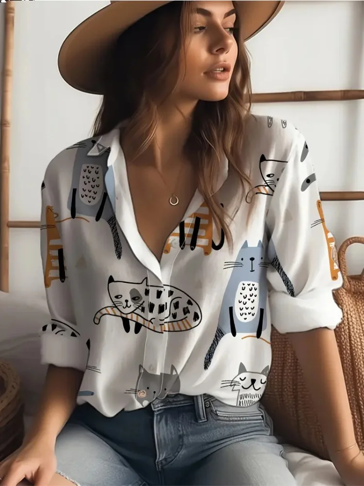 قمصان نسائية صيفية 2025 بأكمام قصيرة مع مطبوعات كرتونية وقطط لطيفة لقضاء عطلة صيفية عصرية وغير رسمية