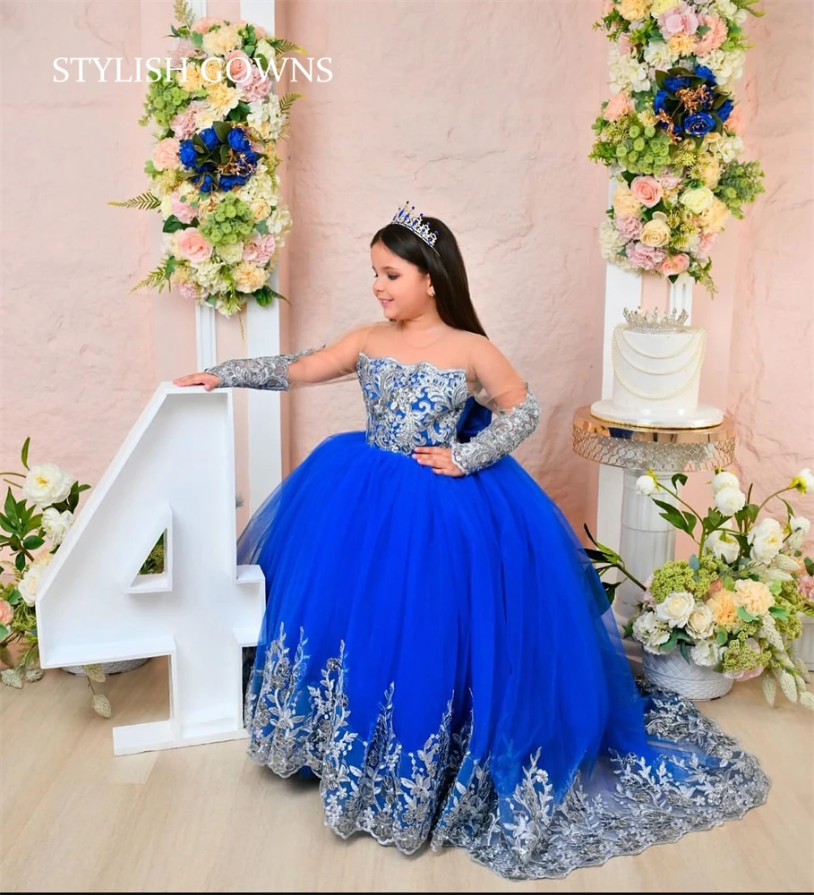 

Blue Elegant Bow Flower Girl Dress O Neck Bead Applique 2024 Birthday Luxury Dress Full Sleeve Children Princess Gown Customized