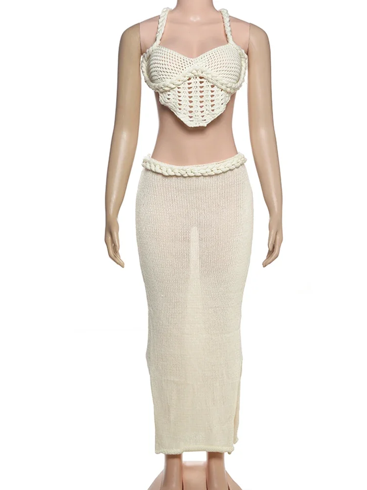 

Sisterlinda Knitted 2Piece Set Trend Solid Woven Irregular Crop Camis+Matching Maxi Skirts Female Sexy Hot Holiday Party Outfits