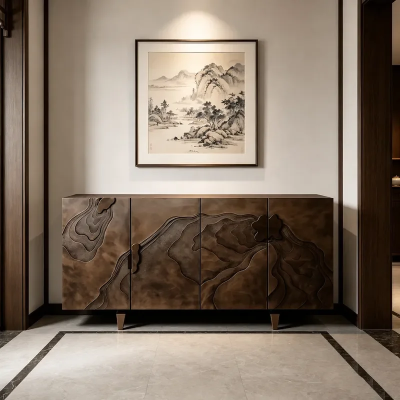 Chinese Landscape Relief Solid Wood Side Cabinet Wabi Sabi Style Entrance Storage Console Light Luxury Decorative Furniture