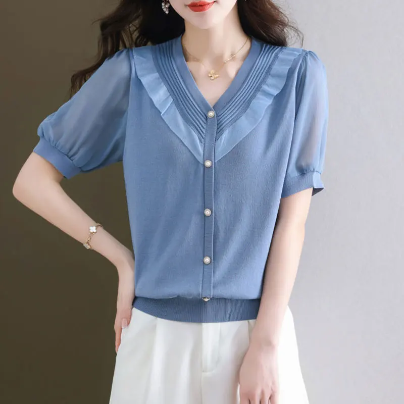 Commute Stylish Ruffles Patchwork Shirt Chic Pearl Button Summer Elegant V-Neck Female Clothing Solid Color Striped Folds Blouse