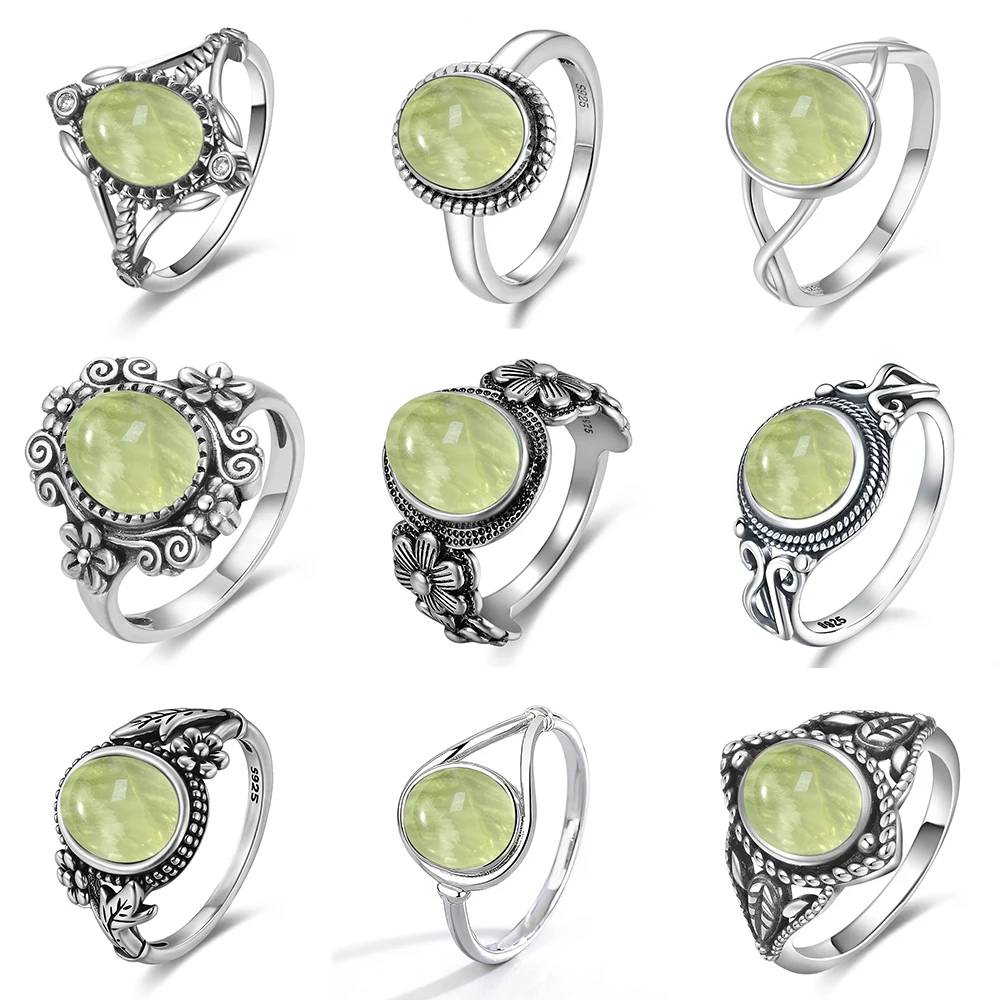 Bagues en argent Sterling 925 avec Prehnite naturelle, forme ovale 8x10mm, motif floral, cadeaux, bijoux fins, bague en pierre verte pour femmes
