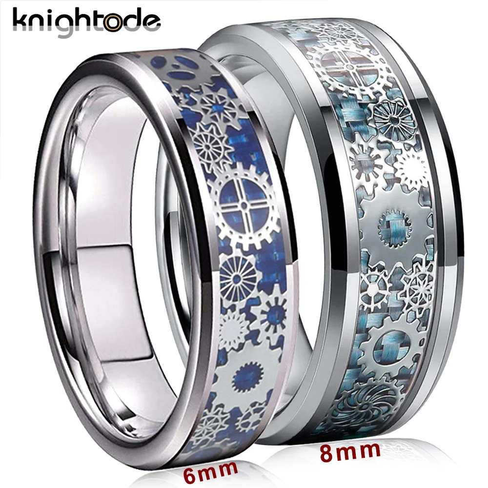 8mm Carbon Fiber Inlay Mechanical Gear Wheel Tungsten Carbide Rings Wedding Band Beveled Edges Polished Comfort Fit