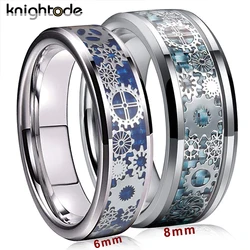 8mm Carbon Fiber Inlay Mechanical Gear Wheel Tungsten Carbide Rings Wedding Band Beveled Edges Polished Comfort Fit