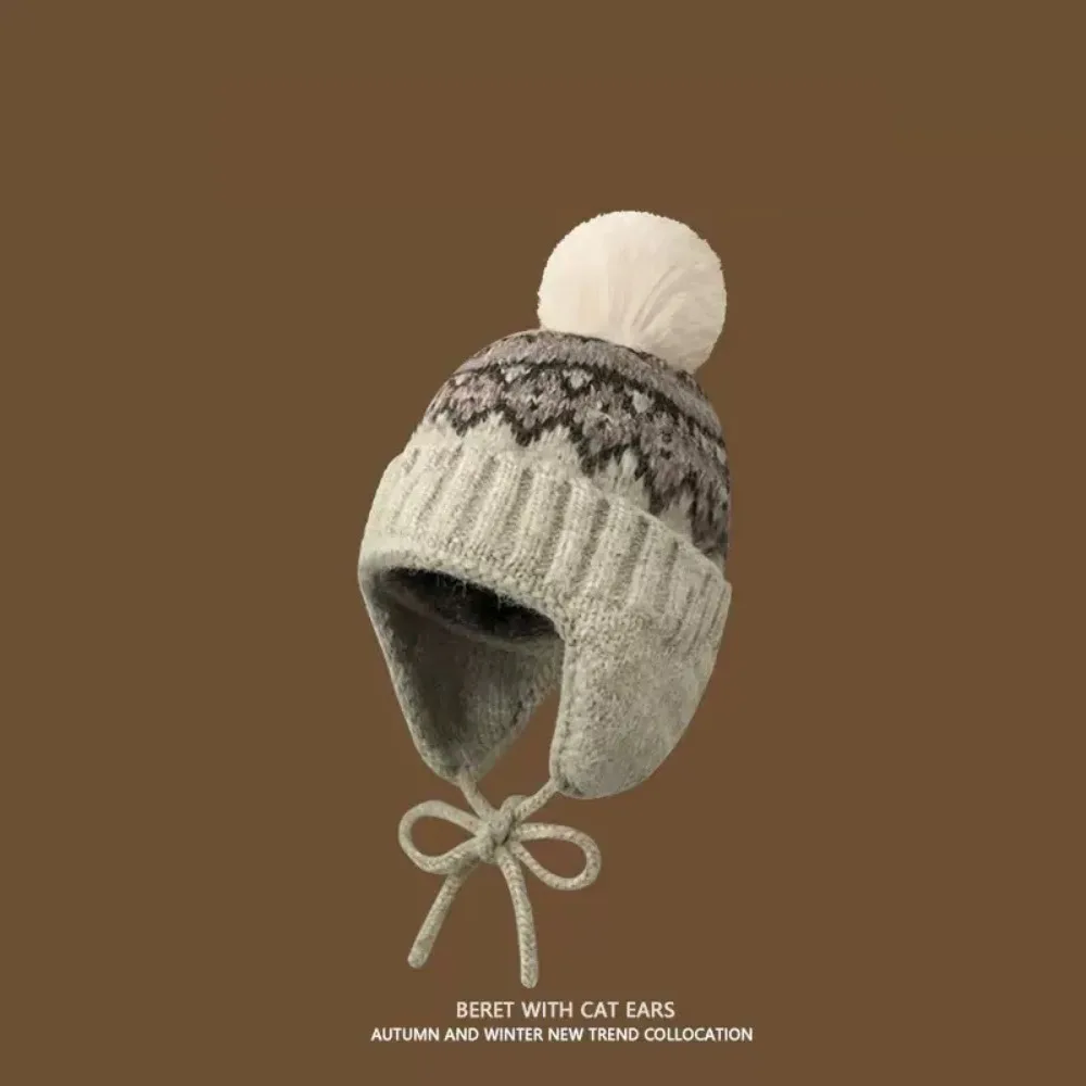 

Fashion Warm Jacquard Knitted Hat Wool Printed Ear Protection Hat Vintage Korean Lei Feng Hat Winter