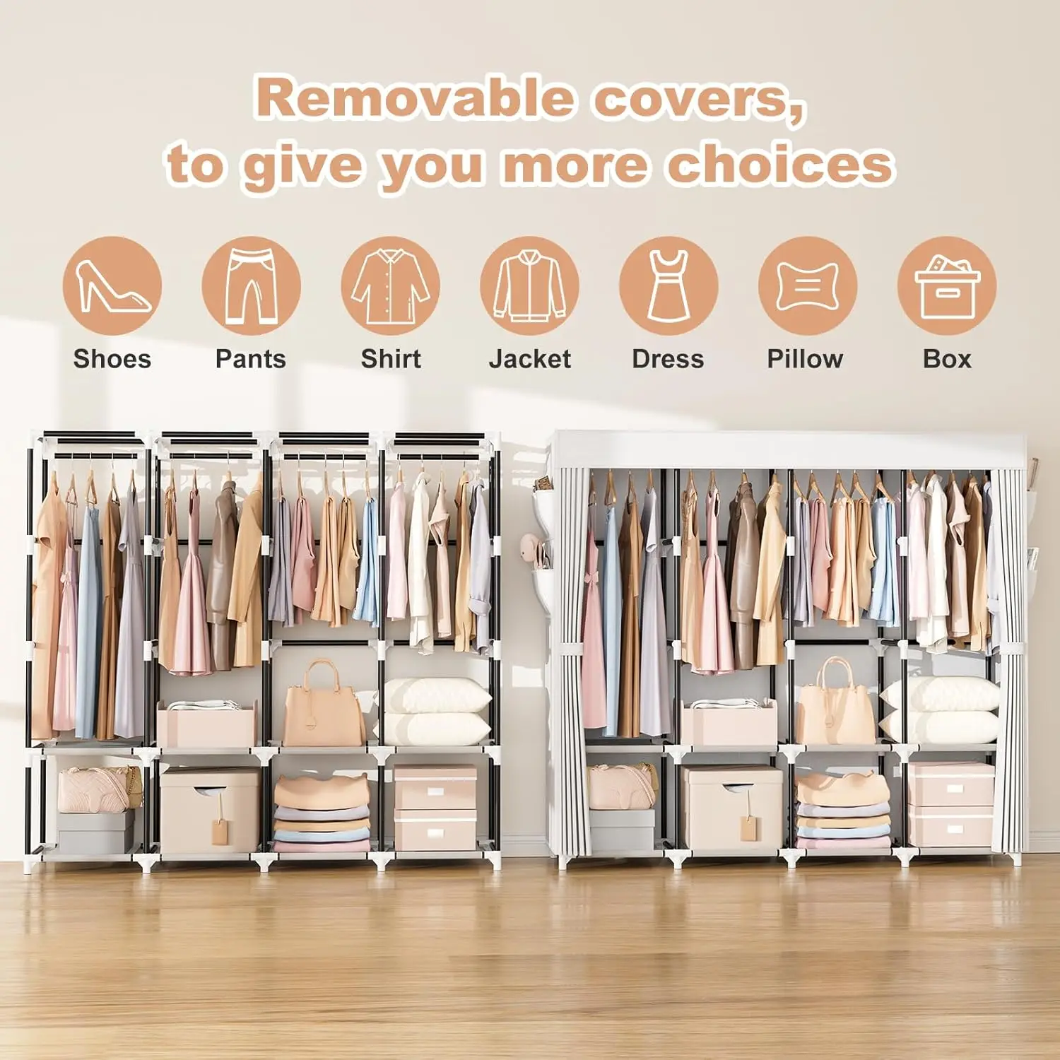 خزانة محمولة لتعليق الملابس، خزانة ملابس محمولة بسعة كبيرة 67 بوصة مع غطاء 4 أرفف تخزين و4 تعليق #5