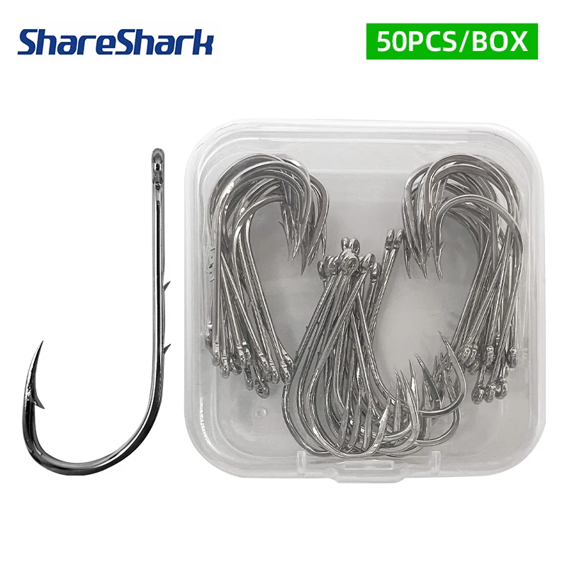 ShareShark 50 Stück/Box 92247 Hochkarbon-Stahl Angelhaken mit Langem Griff und Widerhaken Gebogener Mund Fischhaken