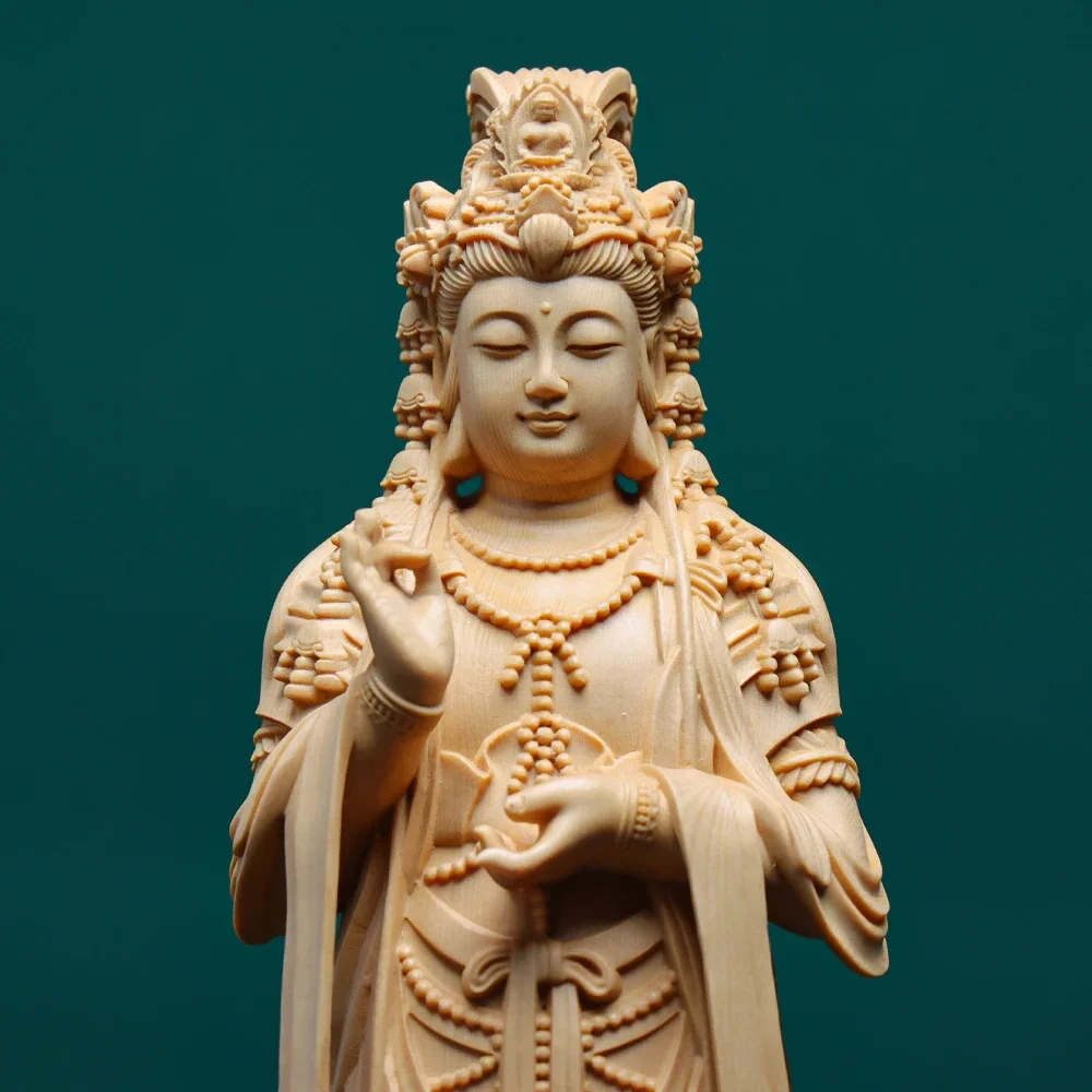 Hand Carved Hinoki Wood Standing Guanyin Kuan Yin Bodhisattva Statue Figurine w/ Vase Lotus Base - Spiritual Temple Home Altar