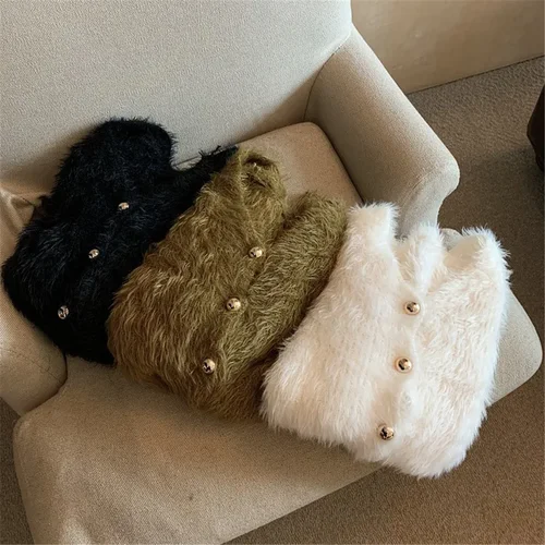 Imagen 2 del producto Y2k-ropa de calle de moda Vintage para mujer, jerséis ajustados lisos, cárdigan de punto de Mohair recortado, suéter con cuello de pico, abrigo