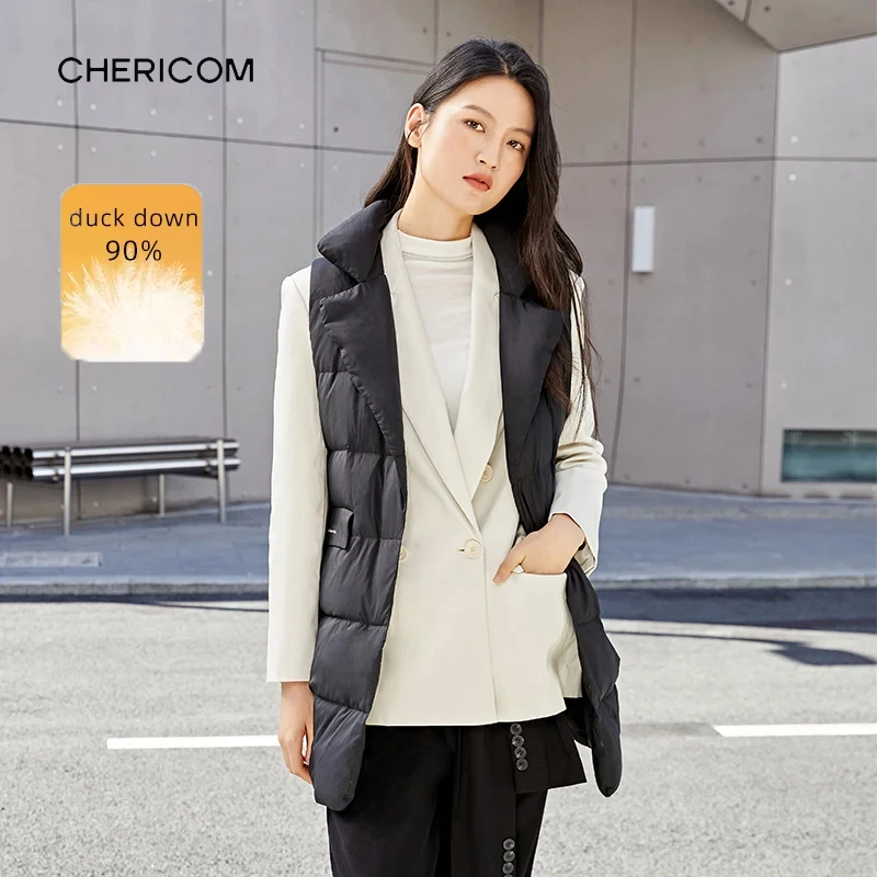 Chericom Woman's Short Down Vest Stand-up Collar Quilted Fabric Casual Fashion Magnetic Hidden Button Lightweight Vest Y289918N