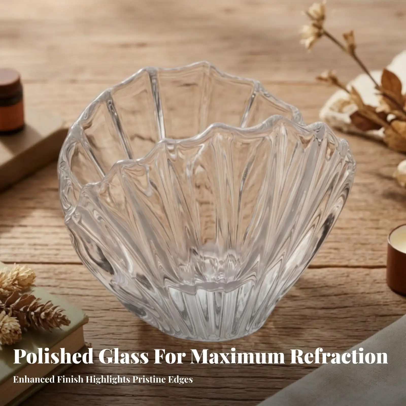 Glass Shell Candle Holder Decorative Fluted Votive Stand for Tea Lights Tabletop Mantel Shelf Decor