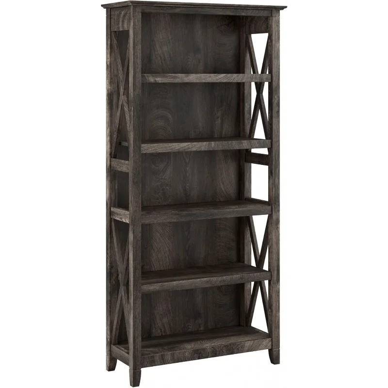 Bush Furniture Tall 5 Shelf Bookcase For Living Room Or Home Office, Large Bookshelf, Modern Farmhouse Style, Key West