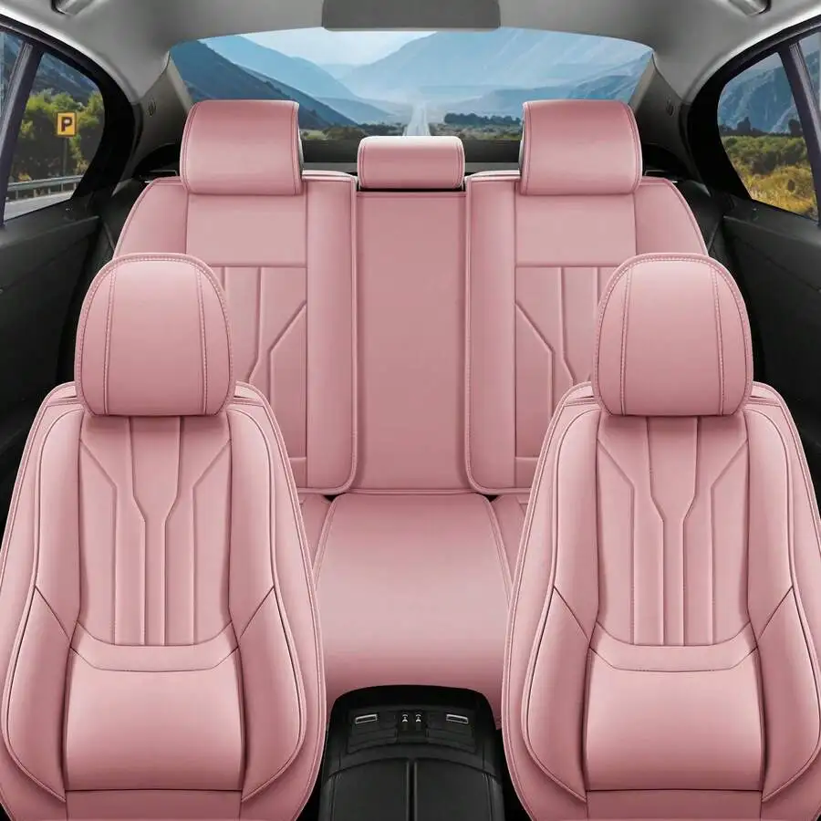 

Nappa Leather Universal Car Seat Covers Full Set With Lumbar Support Waterproof 5 Seats