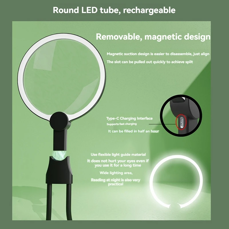 Neck Handheld Desktop Large Lens Magnifier With 24 LED Lights Multi-Purpose  Portable HD Magnifier Elderly Reading