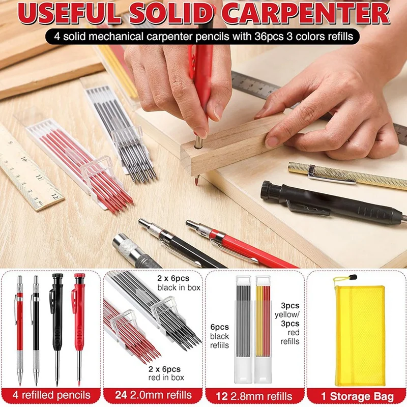 Carpenter Pencil Set, 4 Colorful Solid Carpenter Pencils With Sharpener, Refills, Automatic Center Punch