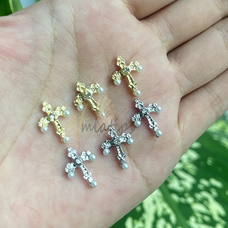 3D Cross Nail Art Charms Crystal Rhinestone SilverCross Nail Metal Alloy Decorations Accessories  Manicure Tool Press On Nails