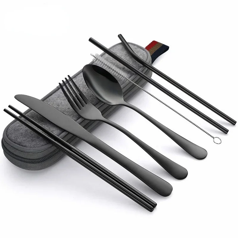 Tableware Reusable Travel Cutlery Set Camp Utensils  with Stainless Steel Spoon Fork Chopsticks Straw Portable Case