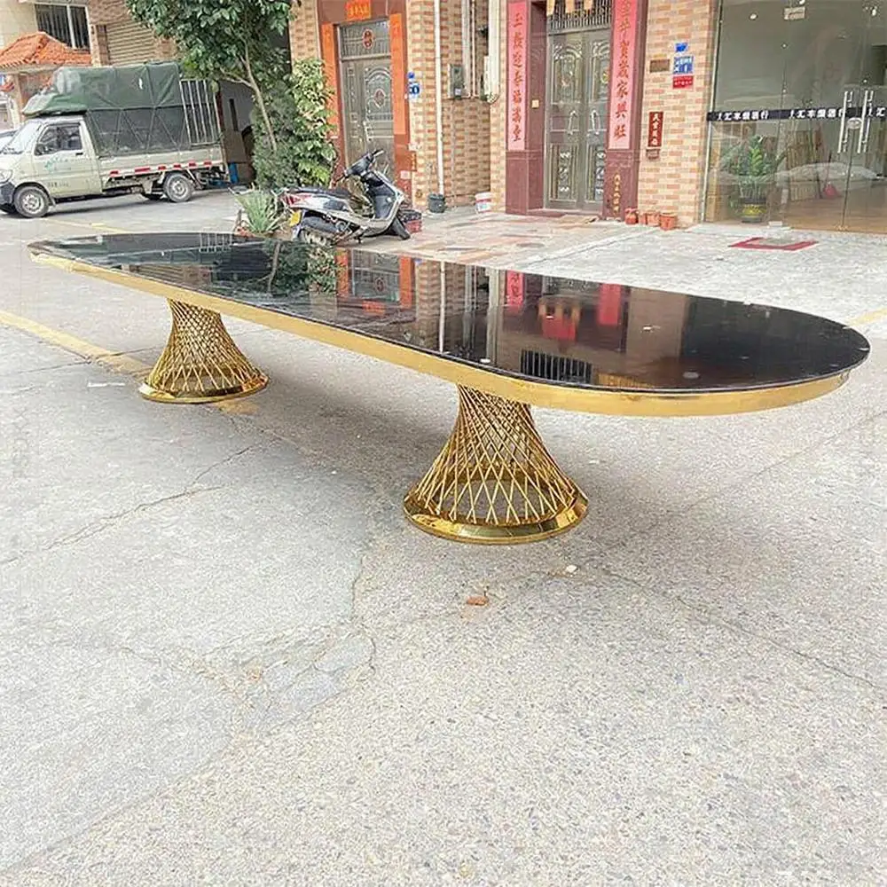 FSDKX Wedding Supplies Gold Legs Ellipse Table Luxury Mirror Table Top for Wedding Events Large Dining Table
