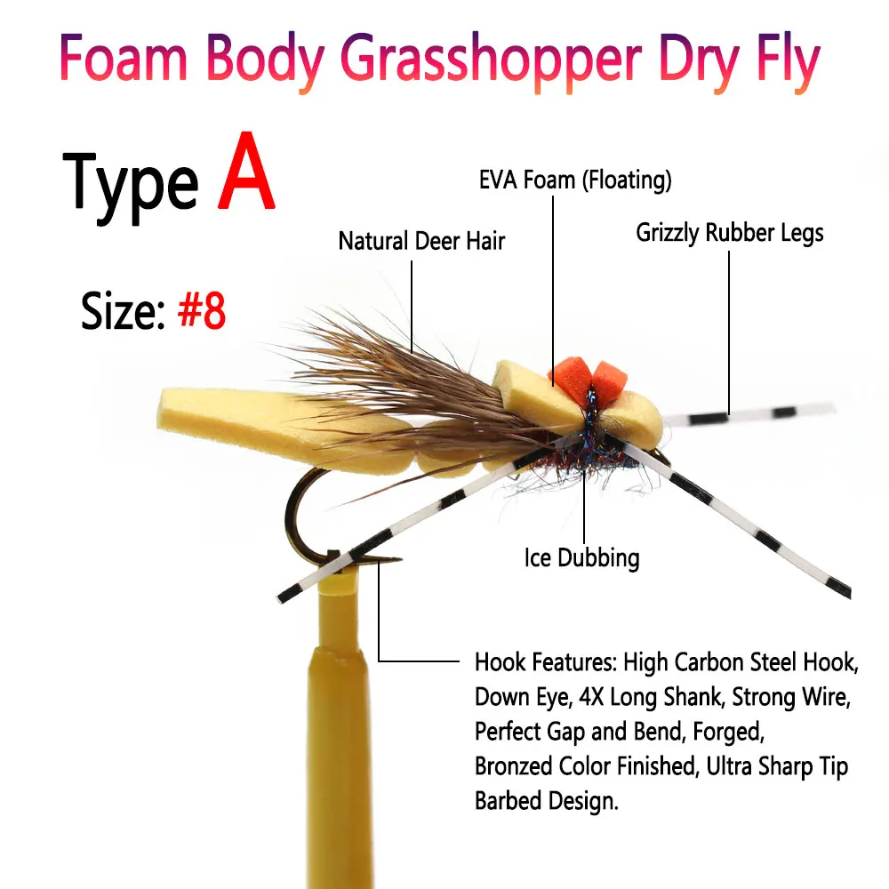 Bimoo 6pcs #8 Gizzly Rubber Legs Foam Body Grasshopper Dry Fly Deer Hair Floating Morrish Hopper Trout Bass Salmon Fishing Lures